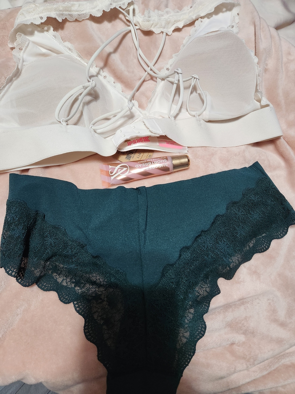 PINK White Lace Bralette with Dark Teal Lace-Trim Cheeky Panty and Lipgloss set